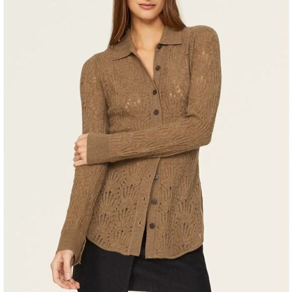 Naadam Sweater Top Pointelle Wool Cashmere Knit Button Down Long Sleeve Brown XS - Picture 1 of 12